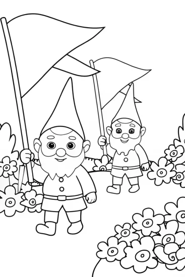 A coloring page of Tiny gnomes in a garden parade