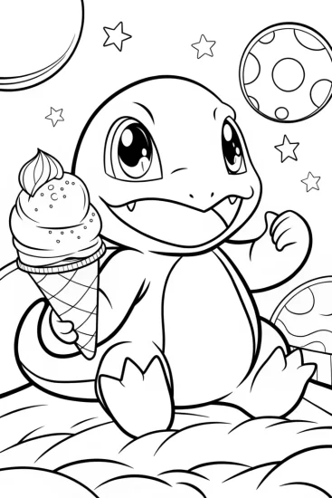 A coloring page of Charmander cosmic ice cream adventure