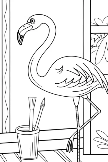 A coloring page of Flamingo painting a mural