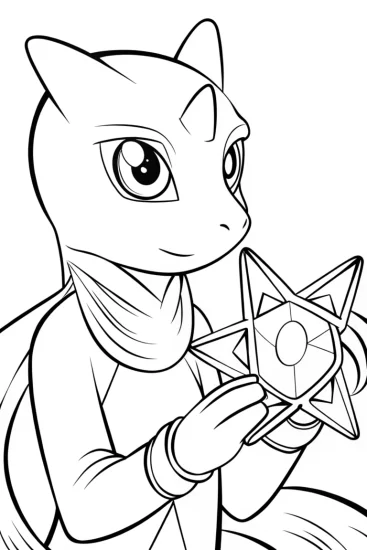 A coloring page of Mewtwo crafting a star crystal