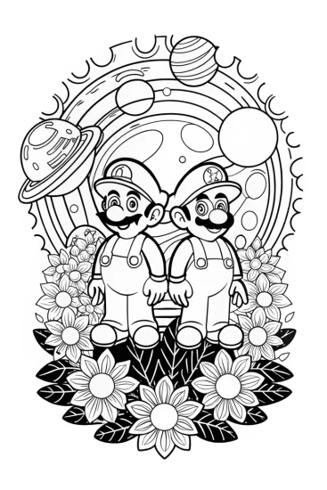 A coloring page of Mario and Luigi cosmic gardening