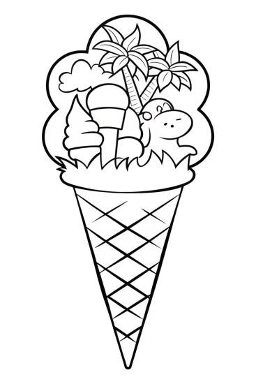 A coloring page of Ice cream explorers in the jungle