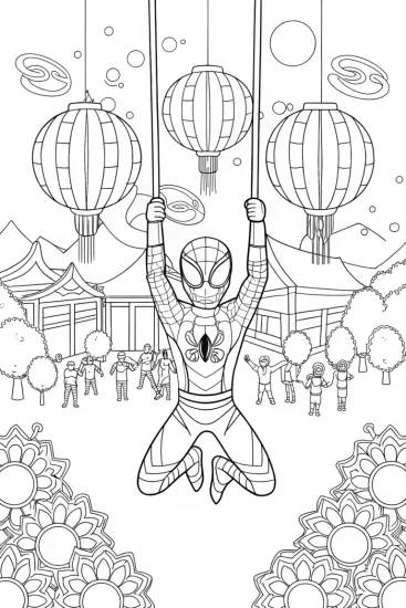 A coloring page of Miles Morales at the lantern festival