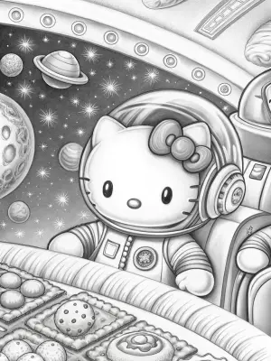 Hello Kitty baking in space coloring pages