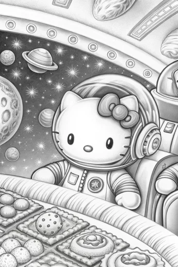 A coloring page of Hello Kitty baking in space