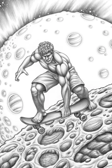 A coloring page of Hulk skateboarding on an asteroid