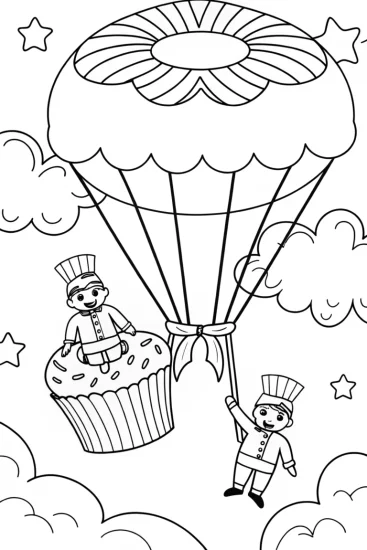 A coloring page of Cupcake and donut chefs in the sky