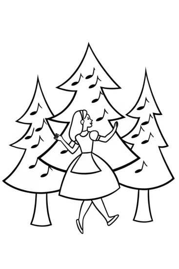 A coloring page of Alice dancing with musical trees