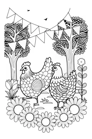 Chickens at a garden festival coloring pages