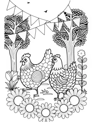 Chickens at a garden festival coloring pages