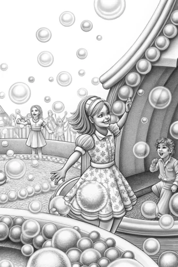 A coloring page of Gabby at the bubble festival