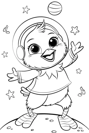 A coloring page of Chick dancing in space