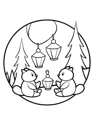 Woodland creatures making lanterns coloring pages