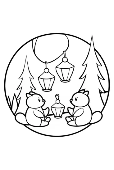A coloring page of Woodland creatures making lanterns