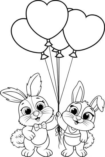 A coloring page of Rabbits holding a heart balloon