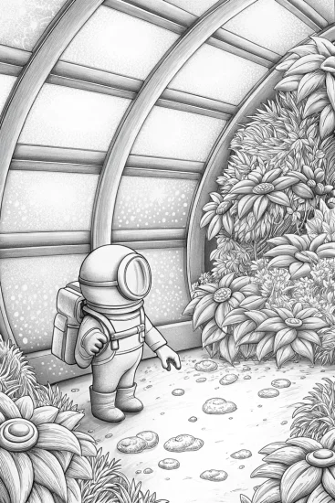 A coloring page of Minion tending to alien plants