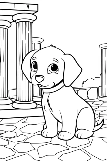 A coloring page of Puppy at the ancient ruins