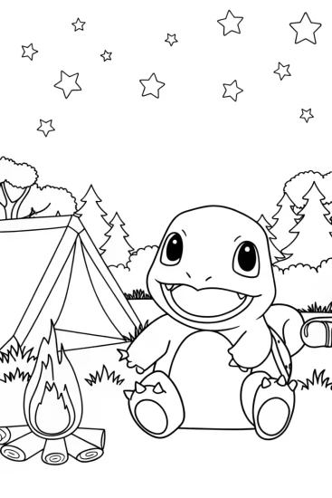 A coloring page of Charmander’s starry camping surprise