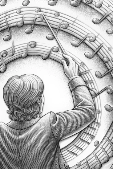 A coloring page of Heart conducting a musical symphony