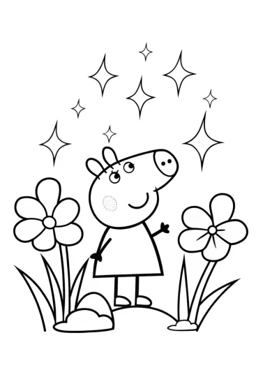 A coloring page of Peppa Pig in a cosmic garden