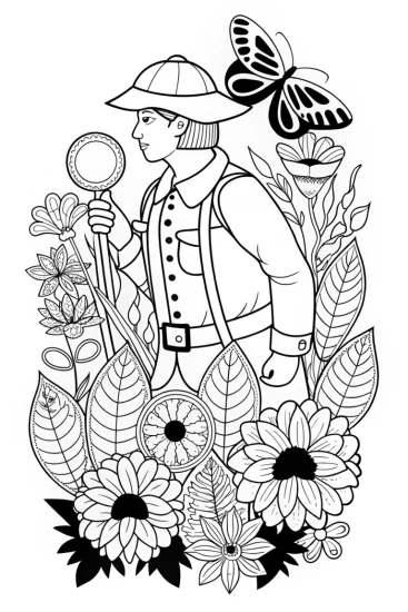 A coloring page of Butterfly botanist exploring flowers
