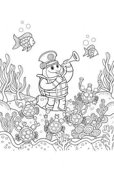 A coloring page of Bowser conducting an underwater orchestra