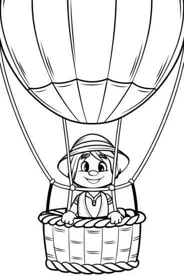 A coloring page of Turkey Tom in a hot air balloon