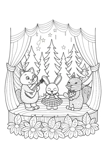 A coloring page of Woodland animals summer concert