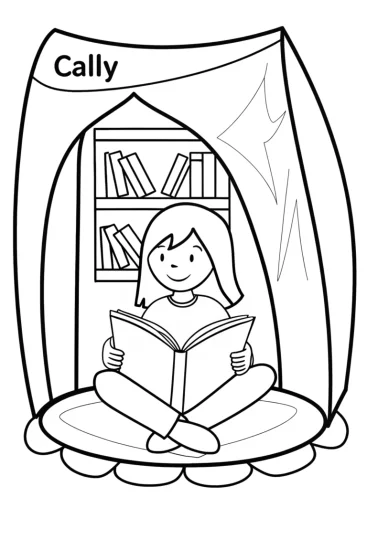 A coloring page of Cally reading in her book nook