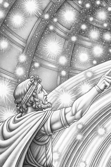 A coloring page of Orion navigating the stars