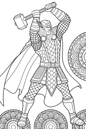 A coloring page of Thor swinging his hammer