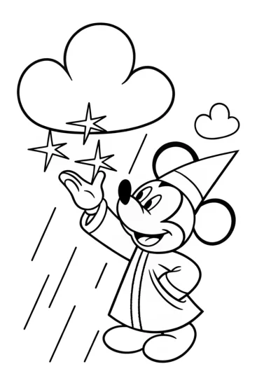 A coloring page of Mickey Mouse weather wizard scene