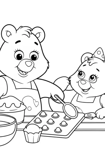 A coloring page of Care Bears baking adventure