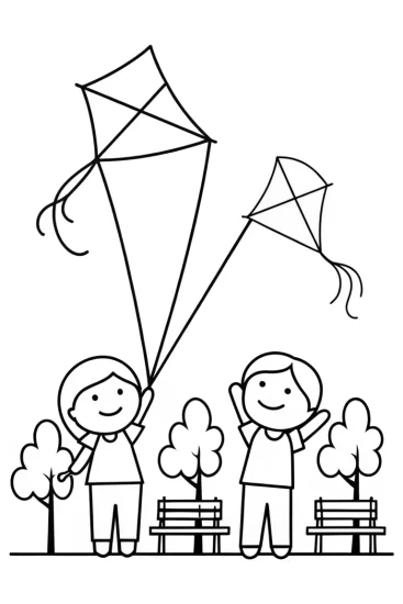 A coloring page of Children flying kites in the park