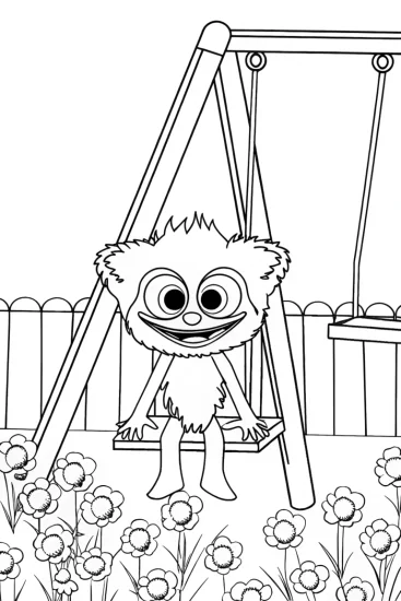 A coloring page of Huggy Wuggy in a poppy playground