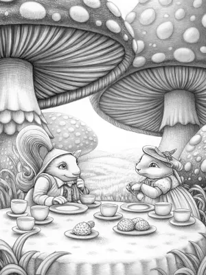 Mushrooms hosting a tea party coloring pages