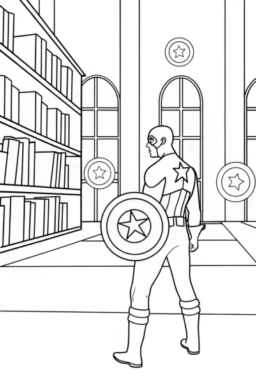 A coloring page of Captain America in the enchanted library