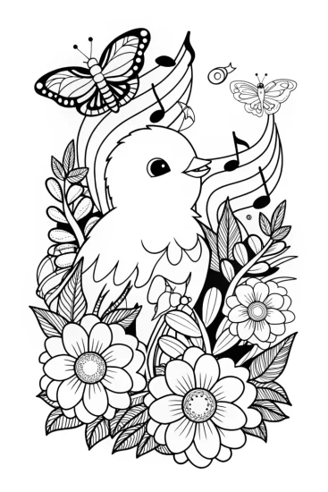 A coloring page of Chick conducting a garden symphony
