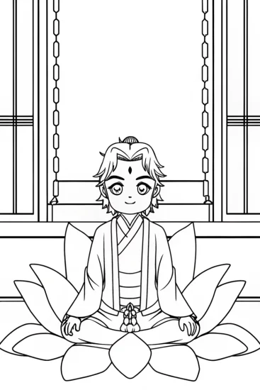 A coloring page of Demon Slayer meditating on a lotus