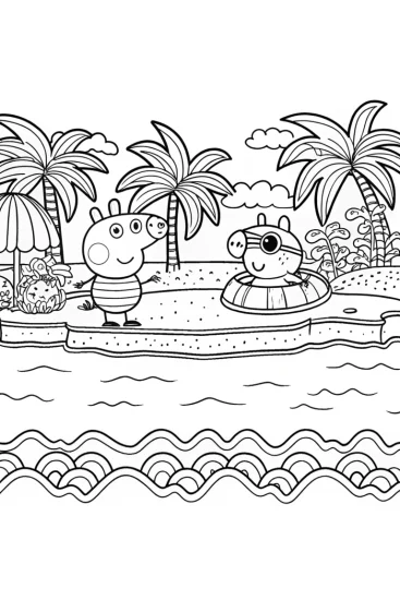 A coloring page of Peppa Pig’s seaside adventure