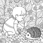 Baby exploring the garden with hedgehog