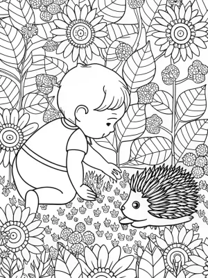 Baby exploring the garden with hedgehog coloring pages