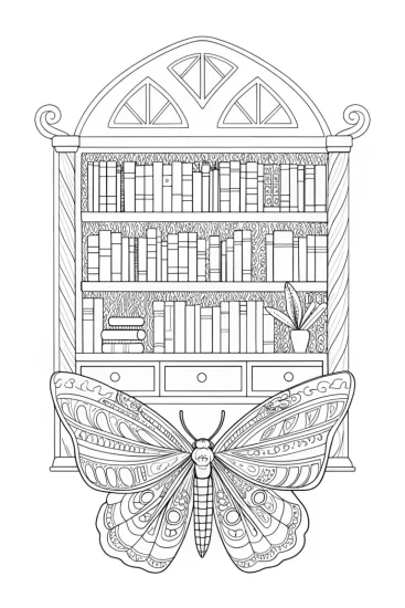 A coloring page of Pip the butterfly in a library