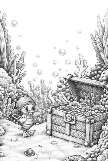 A coloring page of Chick’s underwater treasure quest