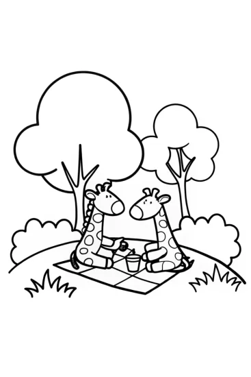 A coloring page of Giraffes having a picnic