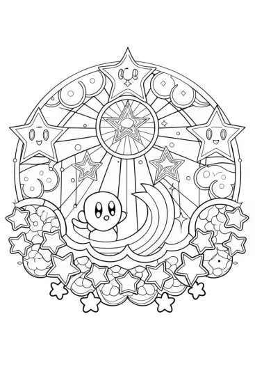 A coloring page of Kirby mapping the stars