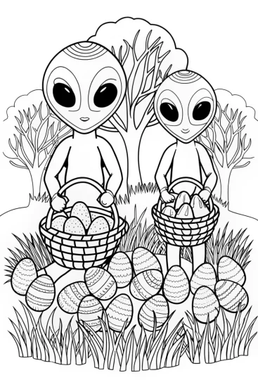 A coloring page of Aliens on an Easter egg hunt