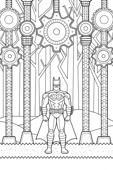 A coloring page of Batman in the mechanical forest