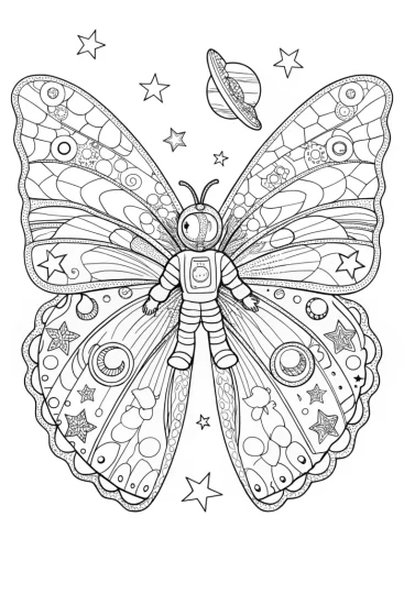 A coloring page of Butterfly astronaut in space