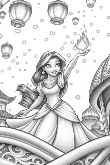 A coloring page of Jasmine at the lantern festival